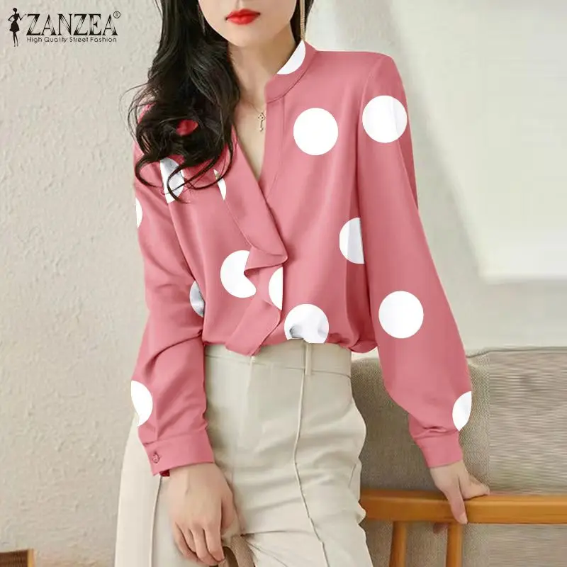 

Polka Dot Printed Blouse Women Casual ZANZEA Vintage Long Sleeve V Neck Shirt Ladies Spring Flouncing Office Chemise Femininas