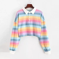 2022 shirt women sweatshirt long sleeve rainbow color ladies hoodies with button striped korean style sweatshirt women