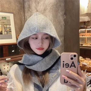 2023 Color Matching Women's Cap Winter Hat Shawl Integrated Wool Blended Warm Ear Protection Neck Pullover Knit Bomer Hats