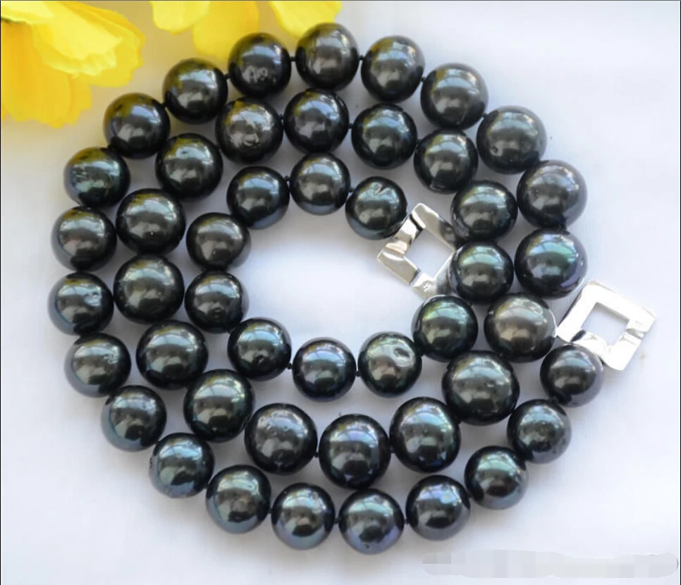 

FREE SHIPPING 9mm ROUND Tahitian black Freshwater cultured PEARL NECKLACE 925 silver 45cm