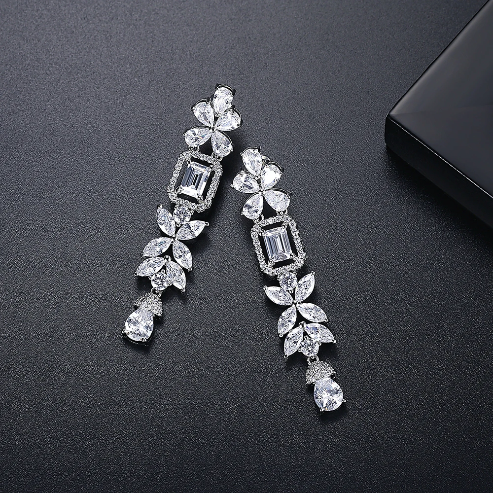 LUOTEEMI Luxury Bridal Wedding Zircon Long Earrings Cubic Zirconia Flower Earing Gorgeous Jewellery Accessories Party Gifts images - 6