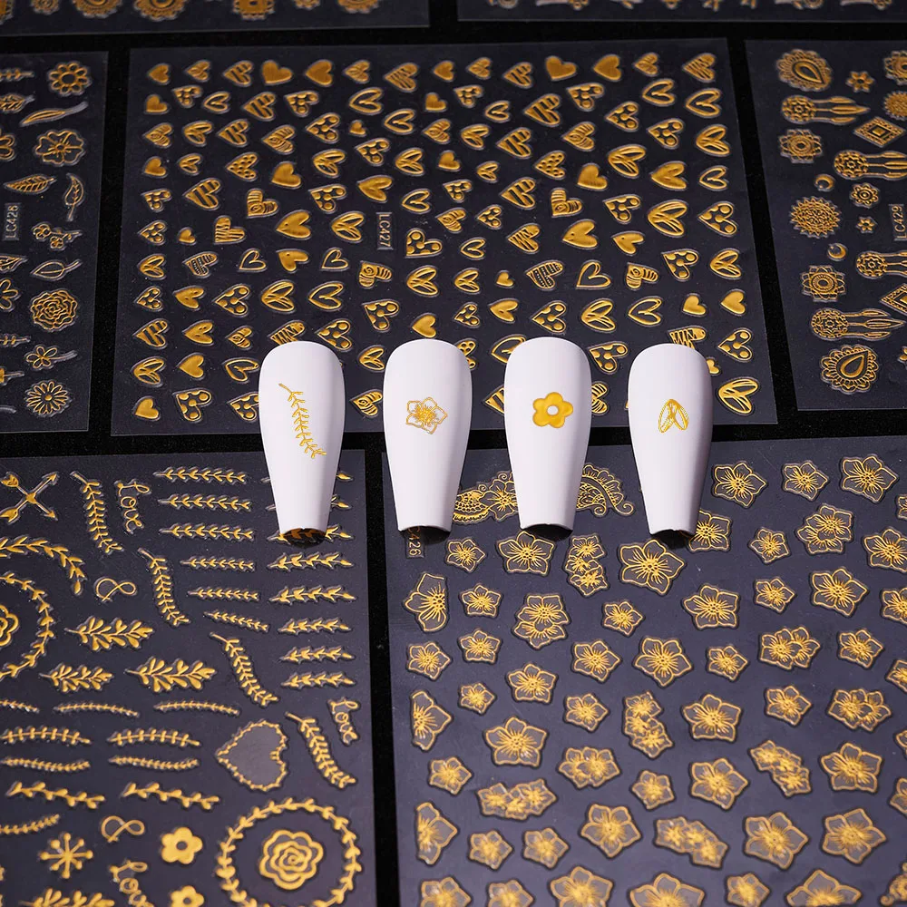 

Bronzing Heart Nail Stickers for Girls Design Gold Hollow Flowers Nail Tips for Manicure Decals Leaf AND V Heart Sticker