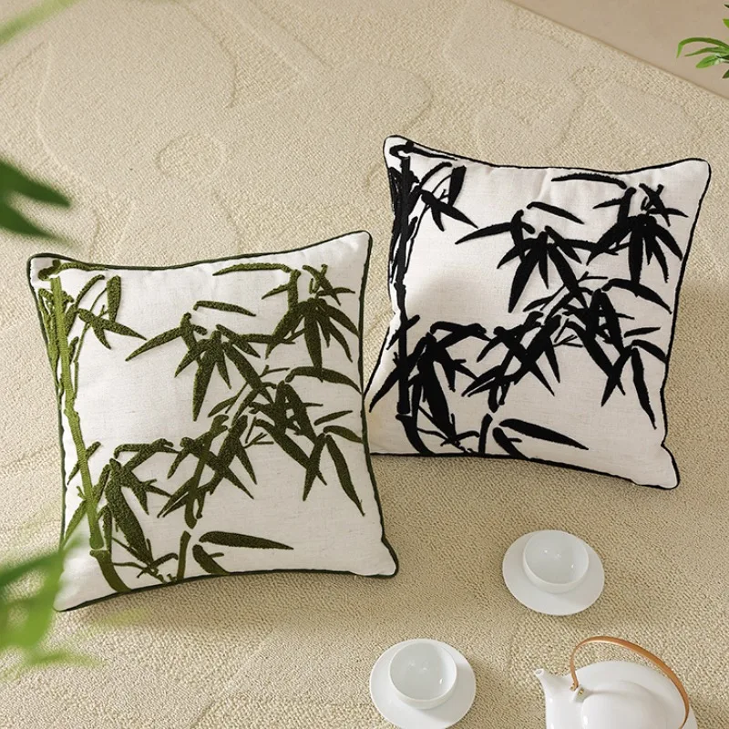Bamboo Pillow Cover Green Black Embroidery Decorative Cushion Case For Sofa 45x45 Home Retro Living Room Decoration