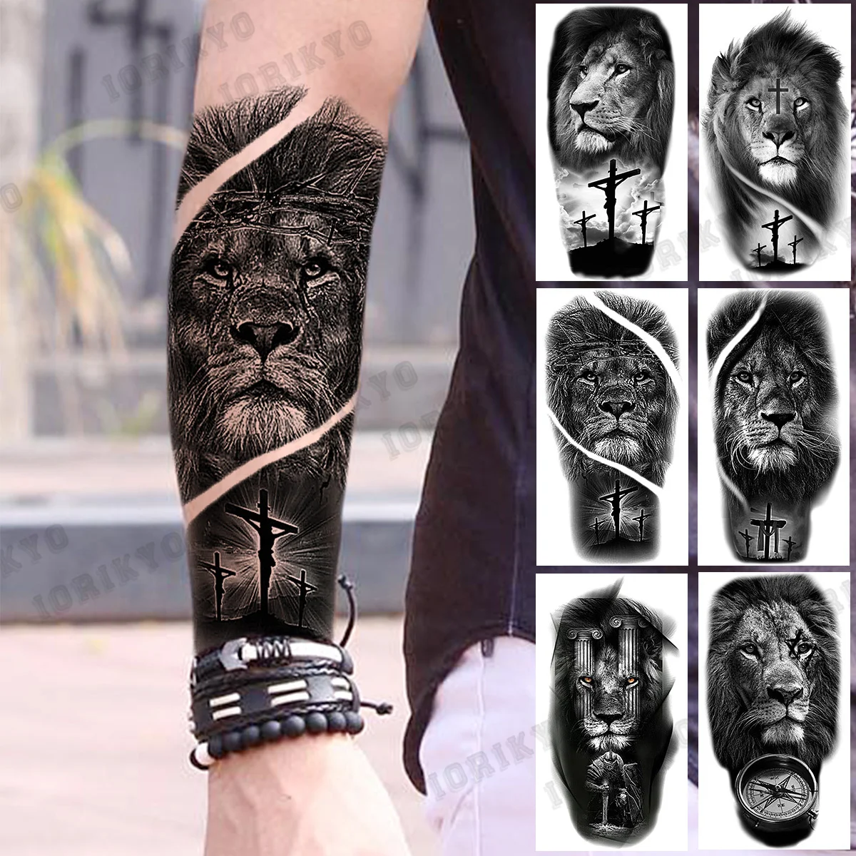 

Временные татуировки для мужчин с крестом черного Льва на предплечье, искусственная тату-наклейка с компасом и воином, модное искусство тела, искусство тела