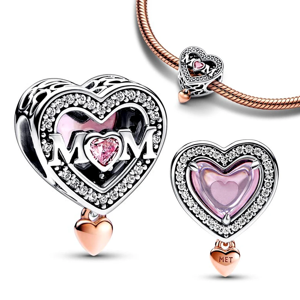 

Crystal Pink Gemstone Two-tone Openwork Mum & Heart Charm Fit Pandora Bracelet DIY Necklace Pendant 925 Silver Jewelry Gift