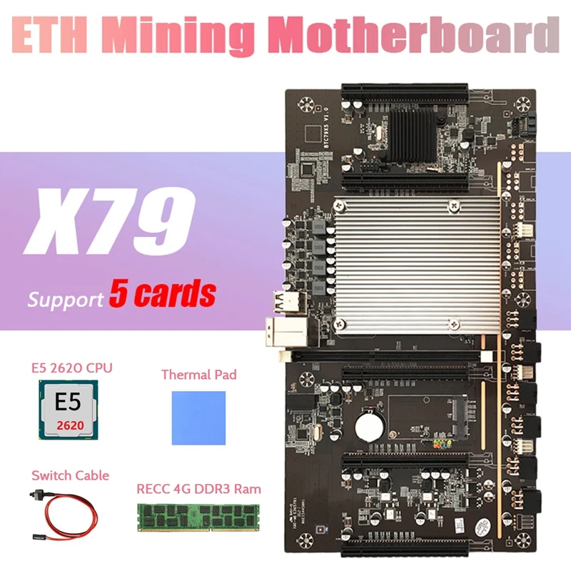 

X79 BTC Mining Motherboard H61+E5 2620 CPU+RECC 4G DDR3 RAM+Switch Cable+Thermal Pad Support 3060 3080 Graphics Card