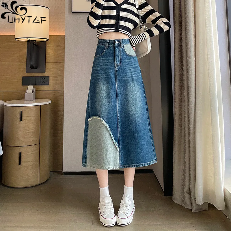 

UHYTGF Denim Skirt Womens Spring Autumn New Fashion A-Line Raw Edge Color Collision Stitching High Waist Ladies Cowboy Skirt 379