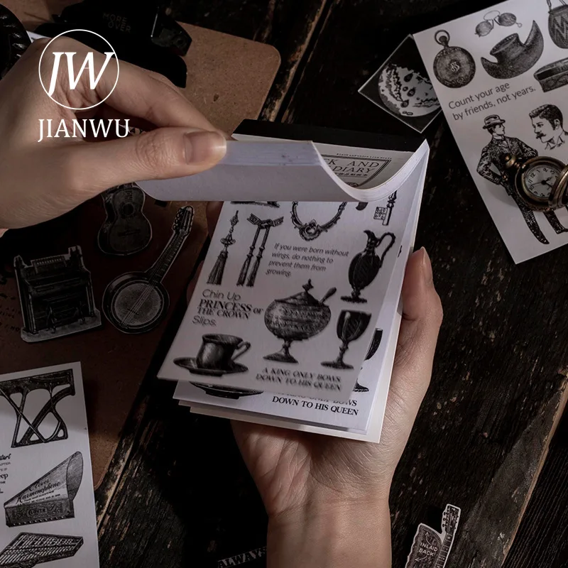 

JIANWU 30 Pcs Black White Pattern Vintage Decorative Sticker Journal Art Collage Material Scrapbooking Diary Stickers Stationery