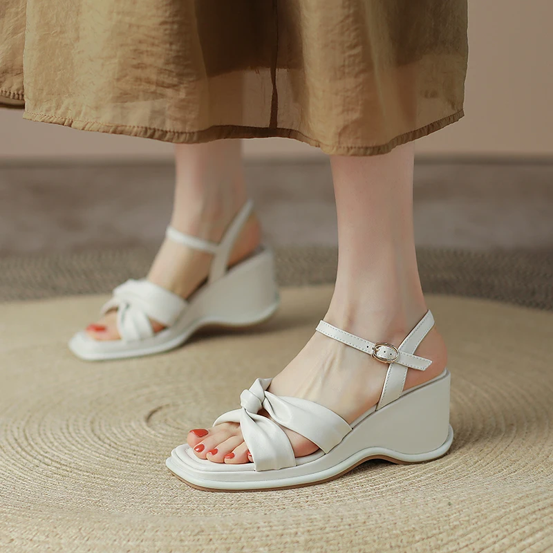 

QZYERAI High Quality Summer Shoes Woman Sandals Leather High Heel Wedge Female Sandals Thick Female Shoe Big Size 34-43