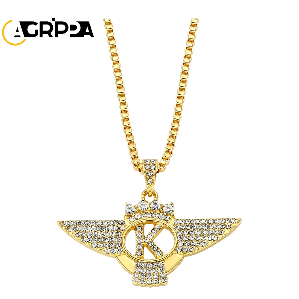 

Agrippa Full Iced Out Rhinestone Necklace Gold Color Letter K Wing Crown Pendant Necklaces Hip Hop Rock Jewelry Choker for Men