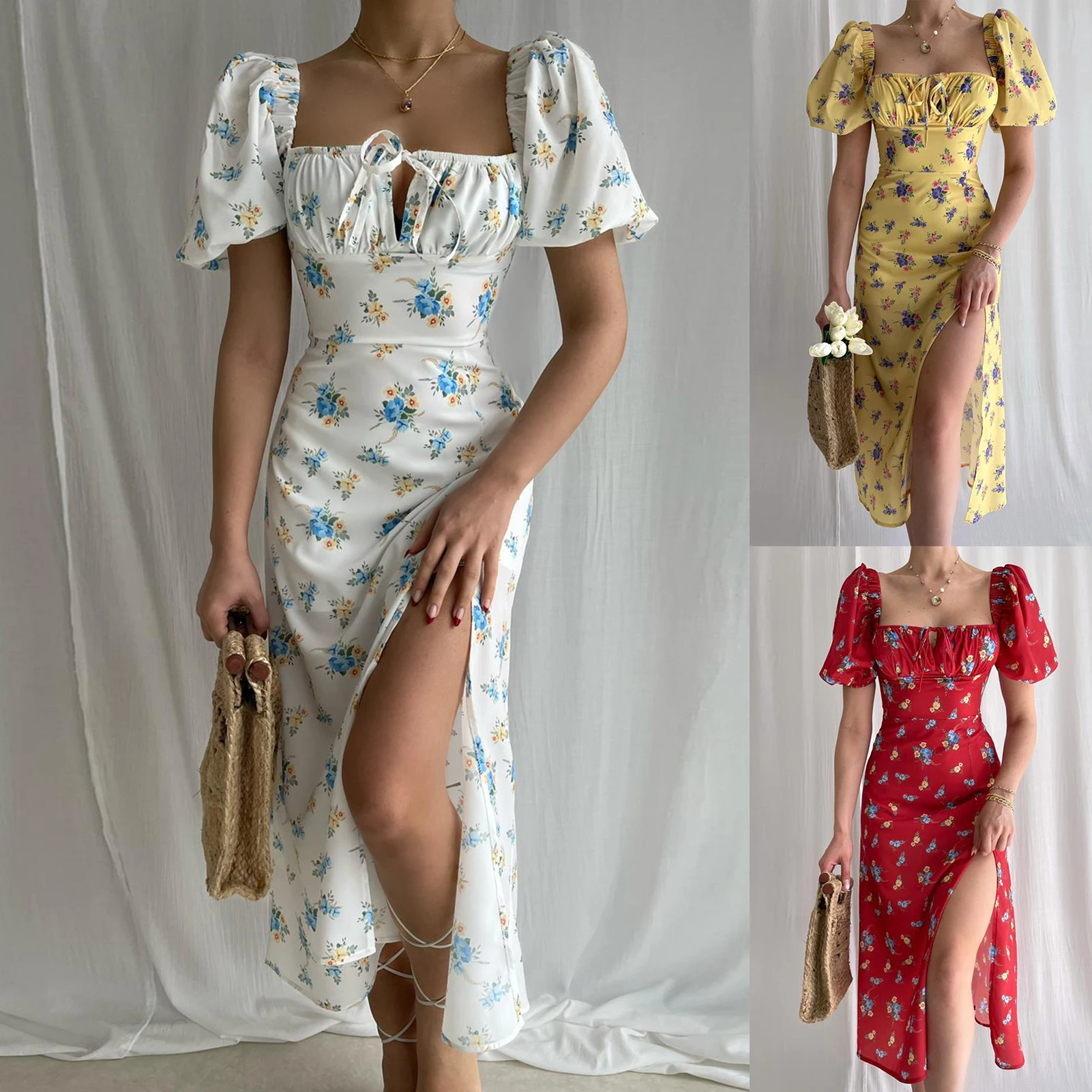 

Women Summer Puff Sleeve Floral Printed Casual Long Dresses Square Neck Women Bodycon Maxi Dress Elegant A Line Vacation Outfit