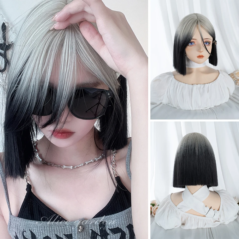 

BeautyEnter Synthetic Wig Black and white gradientWig With Bangs For Women Short Hair Layered Heat Resistant Cosplay Party