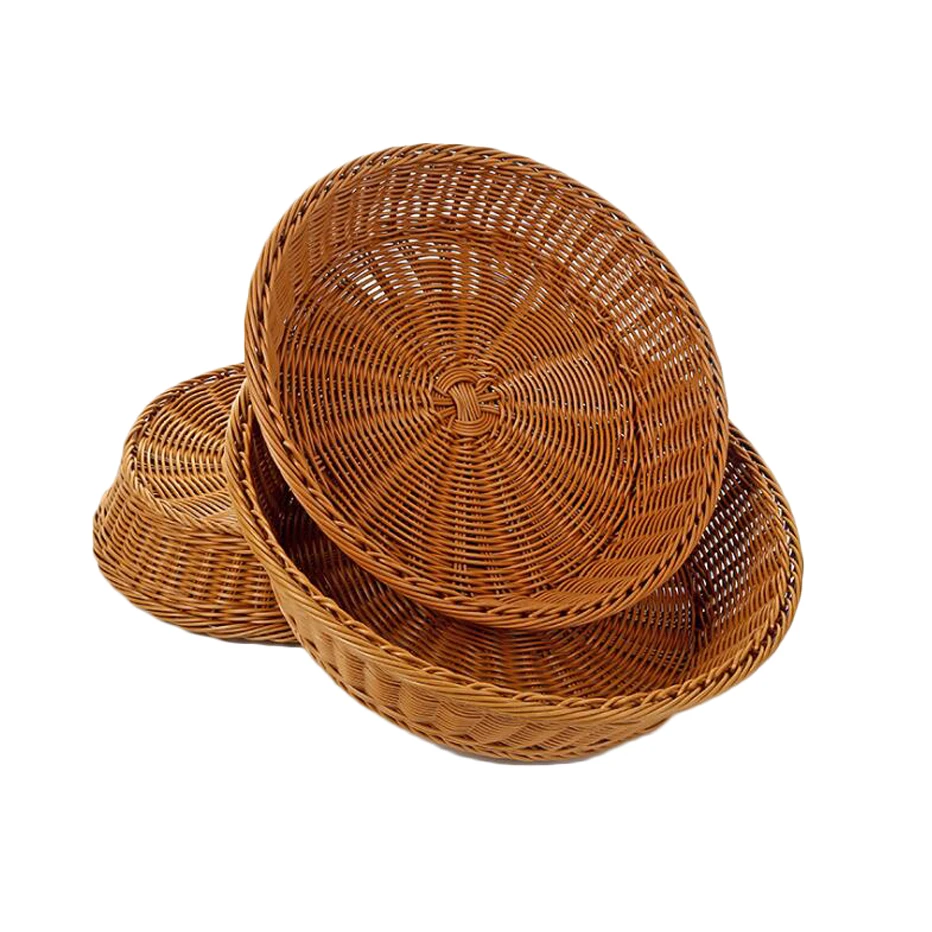 

Basedidea Round Shape Rattan Handwoven Fruit Basket Food Candy Snack Storage Tray Kitchen Dinning Room Organizer Bowl