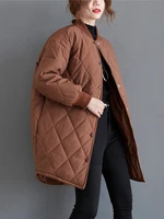 Women's Winter Jacket Single-breasted Long Sleeve Korean Fashion Top Khaki Coat Loose Warm Plaid  Casual Quilted Coats Female