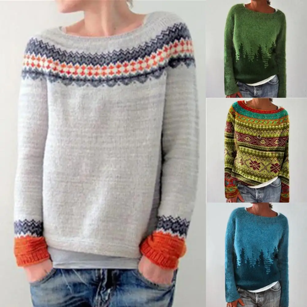 

O-Neck Long Sleeves Pullover Sweater Lady Winter Retro Print Loose Warm Knitted Sweater Daily Clothing