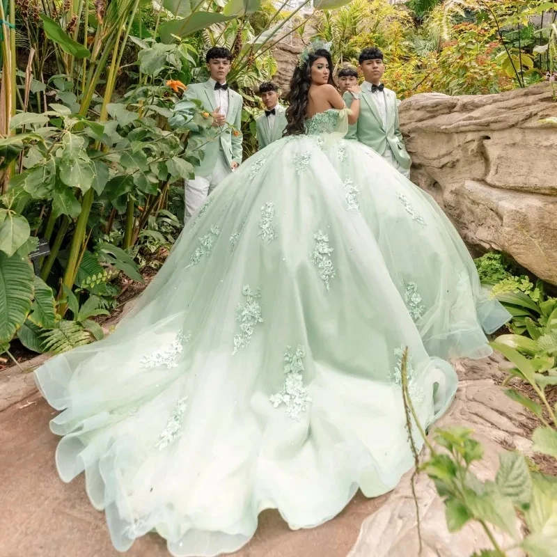 

Мятно-зеленые платья принцессы, бальное платье с открытыми плечами и аппликацией, милые платья 16, 15 лет, мексиканские