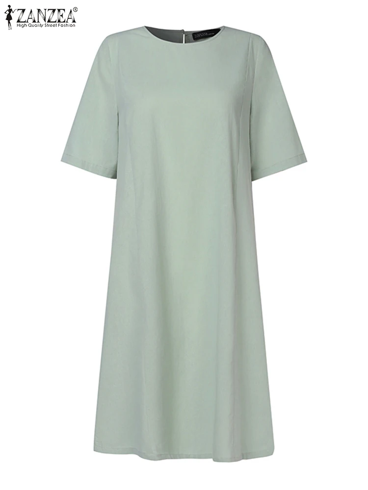 Платье ZANZEA женское с круглым вырезом однотонное хлопковое винтажное сарафан