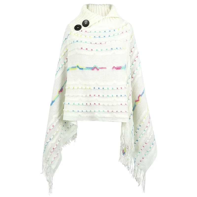 

New In Polo Neck Button Pullover Cape Women's Rainbow Striped Tassel Knitted Poncho Loose Batwing Sleeve Pullover Shawl Sweaters