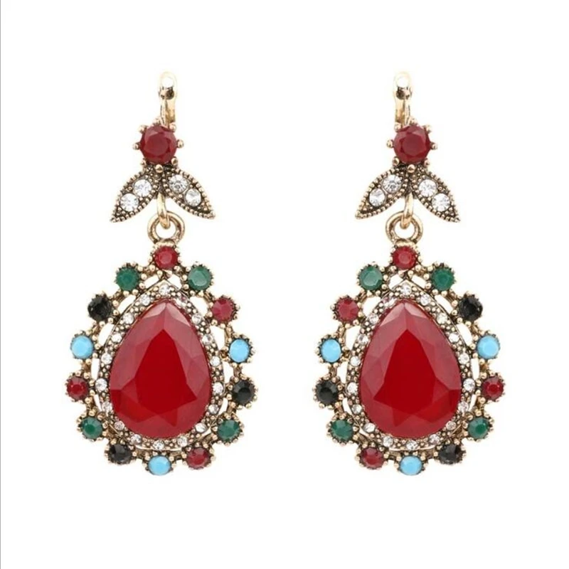 

Bohemia Turkey Style Retro Ruby Big Water Droplets Women Earring Crystal Rhinestones Hollow Vintage Elegant Jewelry Accessories