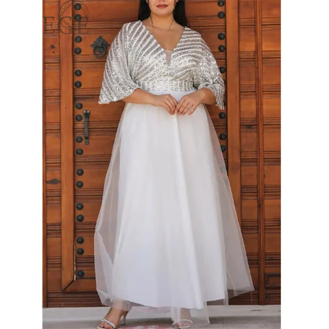 Plus Size V Neck White Stripe Sequin Dress 4XL 5XL Elegant Maxi Chiffon Banquet Prom Wedding Luxury Plus Size Dress
