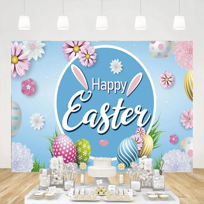 

Blue Happy Easter Backdrop Bunny Banner Colorful Eggs Background for Photography Party Events Decoration Photo Booth Props