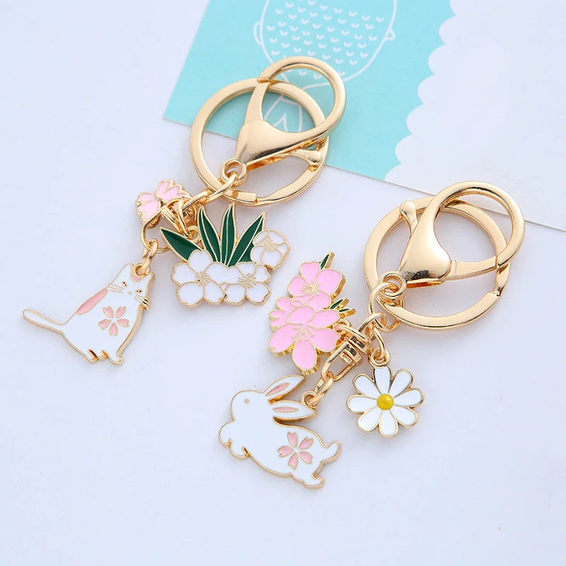 

Pink Rabbit Flower Metal Keychain Pendant Ornament Charm Alloy Jewelry Key Chain for Women Girl Gift Accessories