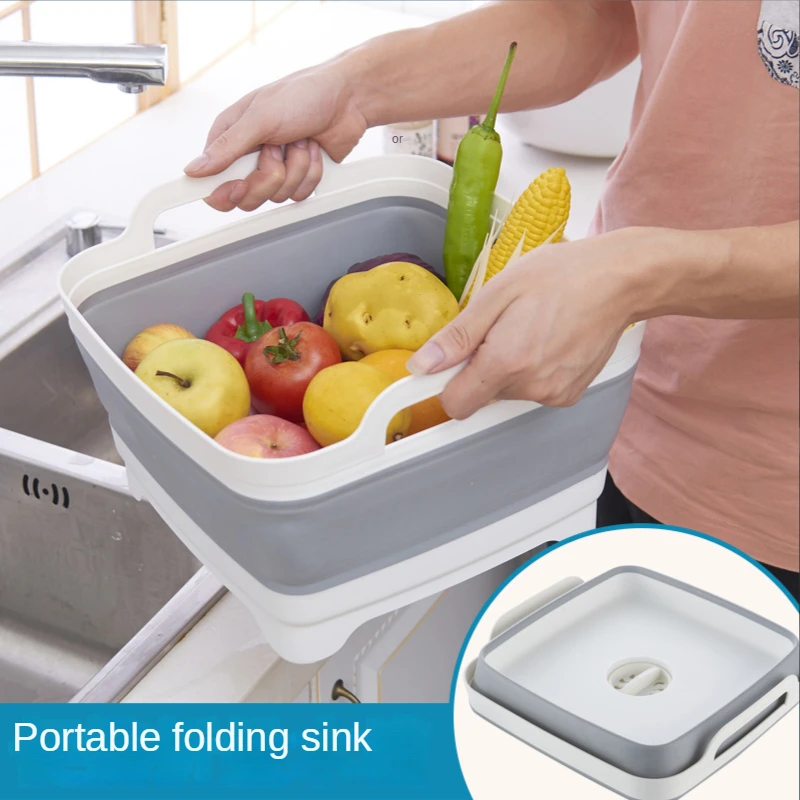 

New Portable Folding Sink Outdoor Folding Square Vegetable Basin Drain Basket Travel Ice Bucket Fruit Basin Fregadero Plegable