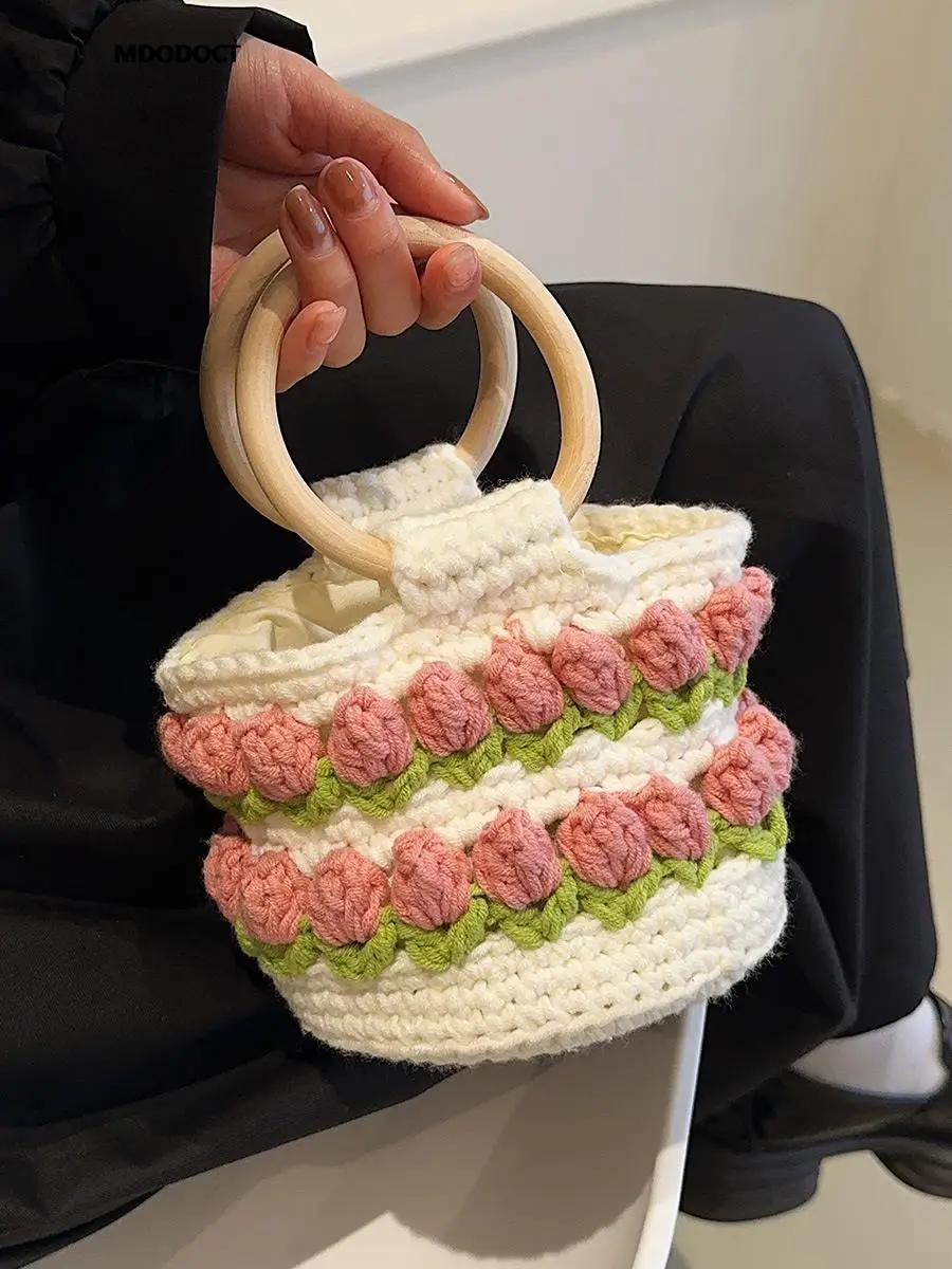 

Fashion Cute Mini Woven Flower Handbags For Women Luxury Designer Travel Summer New Boho Knit Tote Bag Lightweight Shoulder 2023