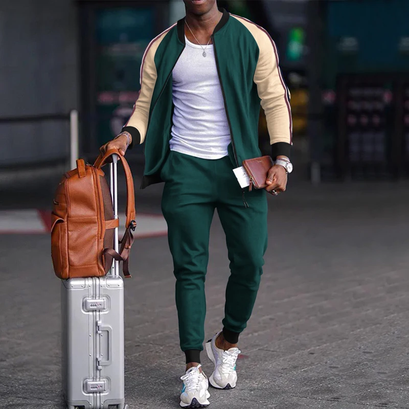 New Youth Fashion Stand Collar Zipper Cardigan Men's Retro Color Matching Casual Sports Premium Suit