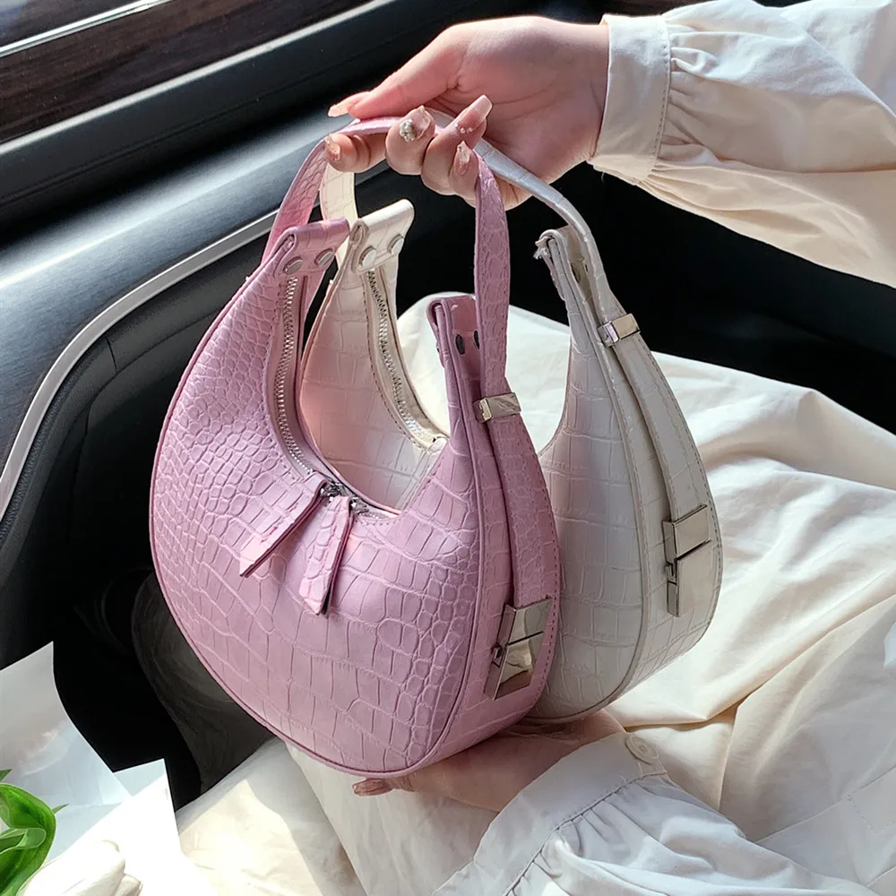 

Luxury Designer Crocodile Pattern Half Moon Small Handbags For Women 2022 Trend Fashion Two Way Zipper Underarm Shoulder Bags