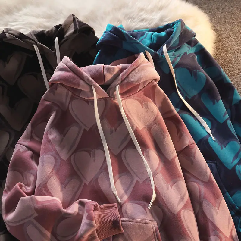 

Full Heart Print Hoodie Sweatshirt Unisex Loose Pullover Outwear Harajuku 2022 Autumn Tops Men Women INS Korea