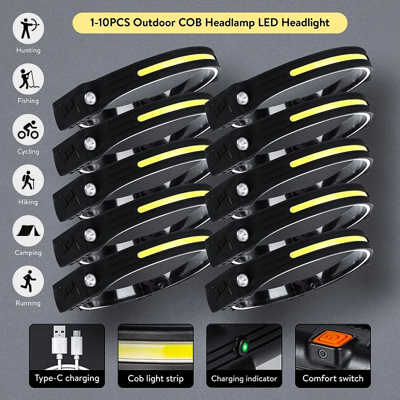 

8Pcs COB LED Headlamp Sensor Headlight Waterproof Torch Head Lamp USB Rechargeable 4 Lighting Modes Work Light Head Lamp Torch