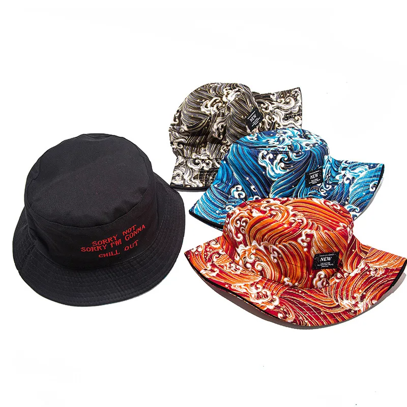 

2022 Double-sided Embroidery Waves Fisherman Hat Lady Harajuku Hats For Women Fashion Sunscreen Caps Flat Top Sombreros De Mujer