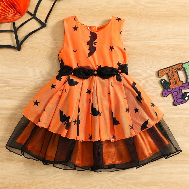 

Kids Halloween Dress Star Moon Bat Print Round Neck Sleeveless Mesh Patchwork Layered Skirt 1-6 Years