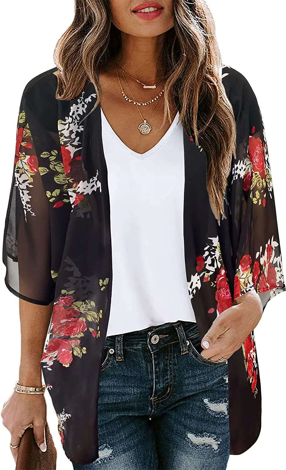 

Women's Floral Print Puff Sleeve Kimono Cardigan Loose Cover Up Casual Blouse Tops Long Sleeve Loose Basic Top