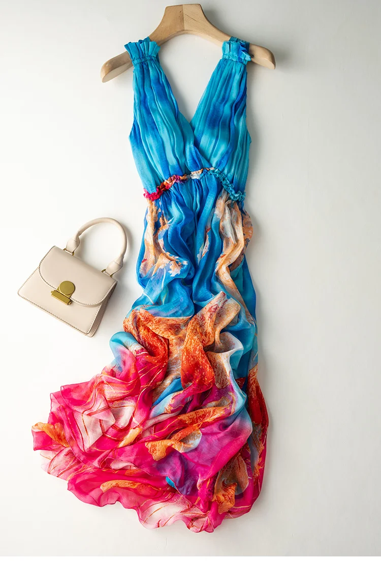 Женское пляжное платье в стиле бохо элегантное винтажное из натурального шелка с