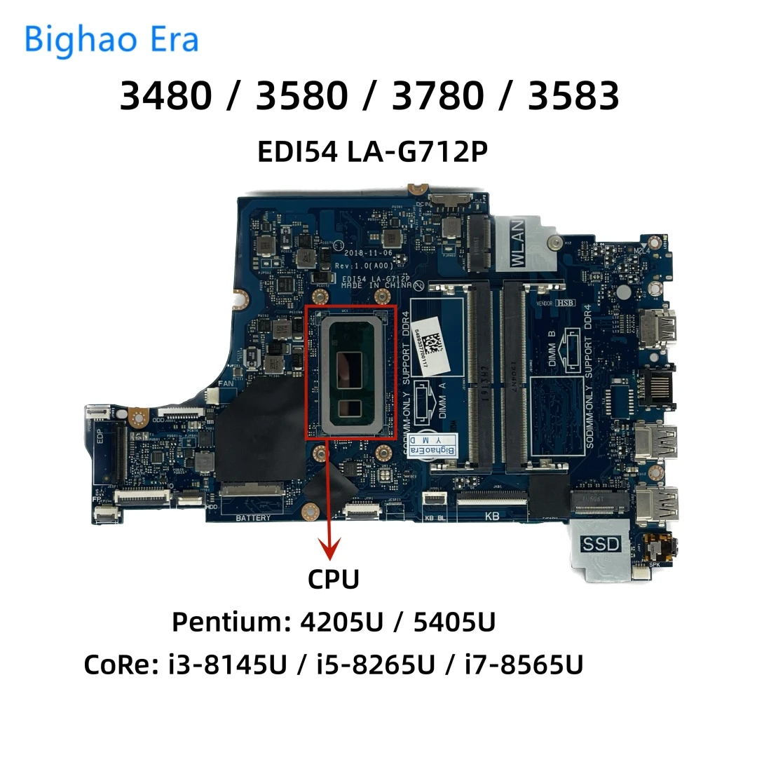 EDI54 LA-G712P для Dell 14 3480 15 3580 3780 3583 материнская плата для ноутбука с 4205U i3-8145U i7-8565U CPU UMA DDR4 0VFMW4 EDI54 LA-G712P для Dell 14 3480 15 3580 3780 3583 материнская плата для ноутбука с 4205U i3-8145U i7-8565U CPU UMA DDR4 0VFMW4