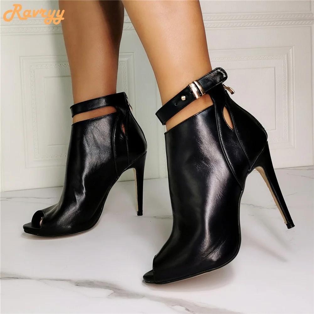 

Black Genuine Leather Ankle Boots Peep Toe Gladiator Short Boots Women Ankle Strap Stiletto Plus Size 46 Hot Selling Boots