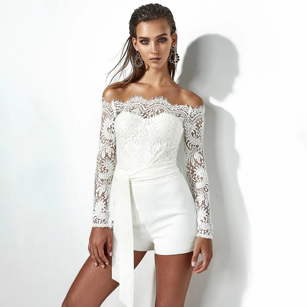 

Summer Women's White Lace Collar Long Sleeve Strap Playsuit Loose Rompers Lace Stitching Collar Butterfly Skinny Hot Playsuit