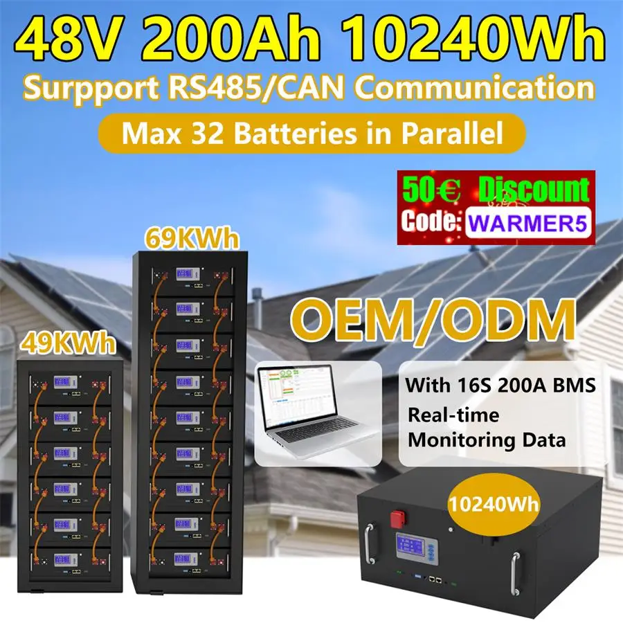 Kup 48V LiFePO4 200Ah 150Ah 100Ah Akumulator 51.2V 10KWh Z RS485 Może Max 32 Sztuk Równolegle Do Magazynowania Energii Awaryjne Zasilanie