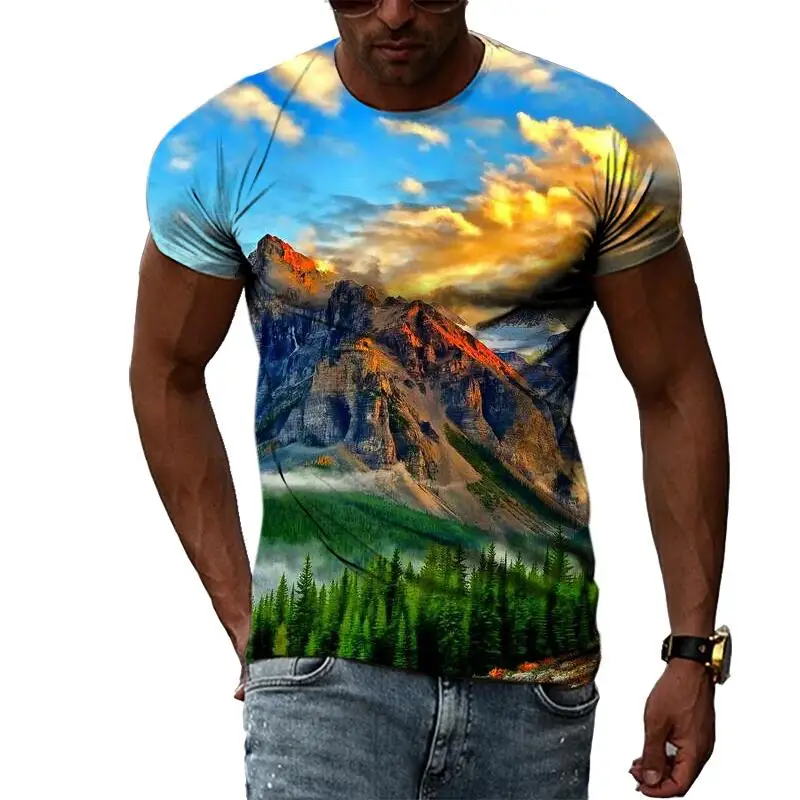 

Summer Leisure Nature Pattern Men's T-shirt Hip Hop 3D Print Personality Rod Neck Short Sleeve Tops Fashion Clothes Two
