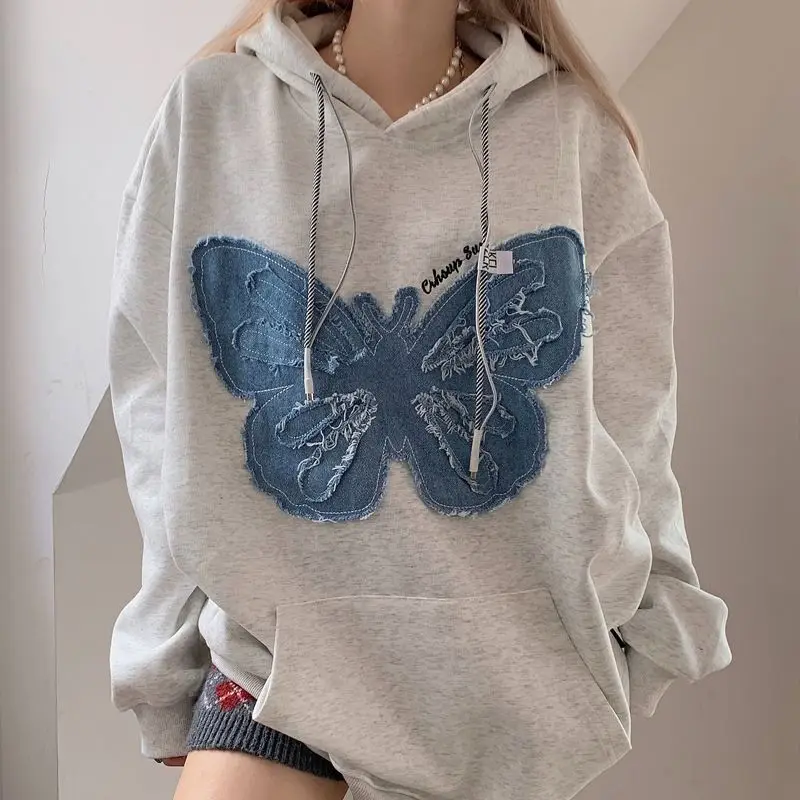 

Hikigawa 2023 Autumn Vintage Print Drawstring Tops Women Loose Long Sleeve O Neck Hoodies All Match Bufferfly Sweatshirts