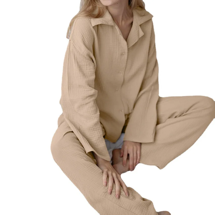 Khaki Pajamas Set Womens Cotton 2 Piece Set Loose Long Sleeve Loose Pajamas Casual Sleepwear Female Home Suits