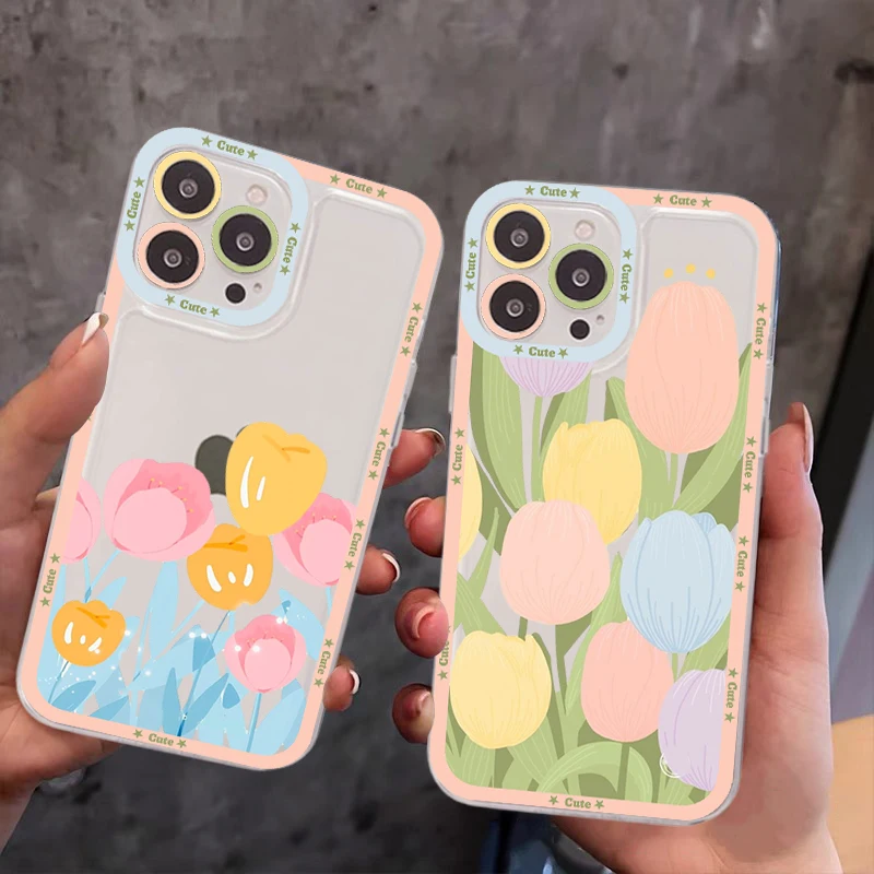 

Tulip Flower Cute Phone Case For IPhone 14 13 12 11 Pro Max Mini X Xs XR 6 7 8 Plus SE 2020 Transparent Case