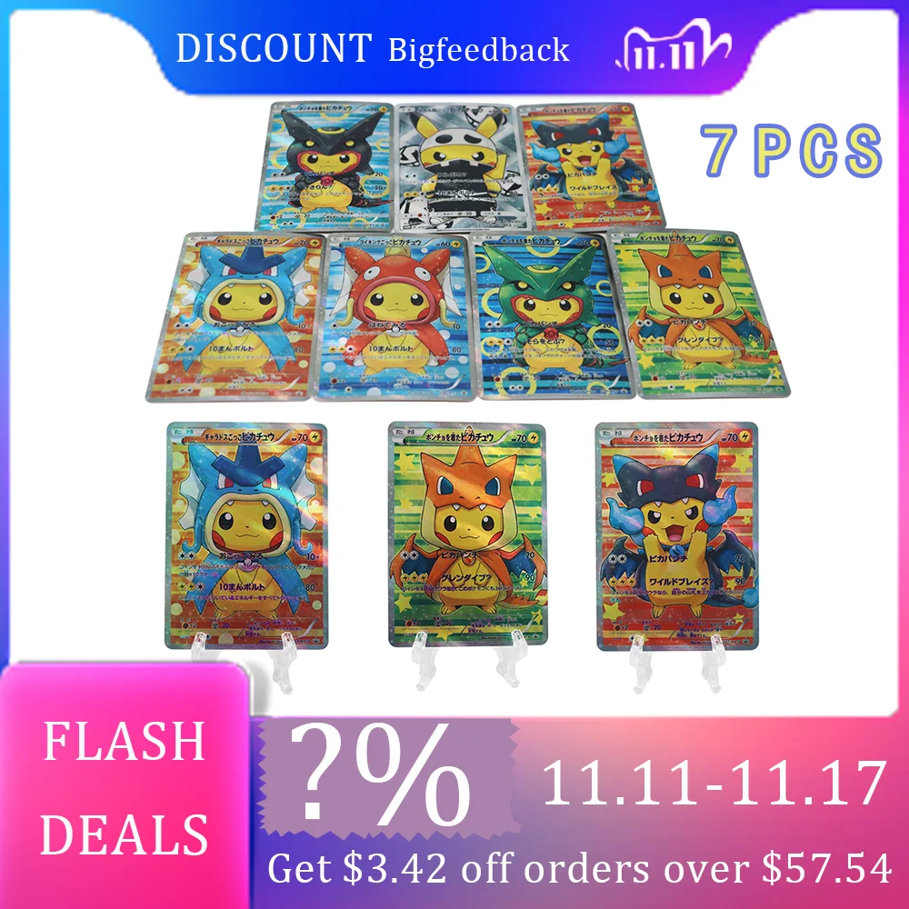 

7PCS Pokémon Card Charizard Pikachu Poncho Texture Flash Pokémon Anime Game Children Toys Gift Christmas