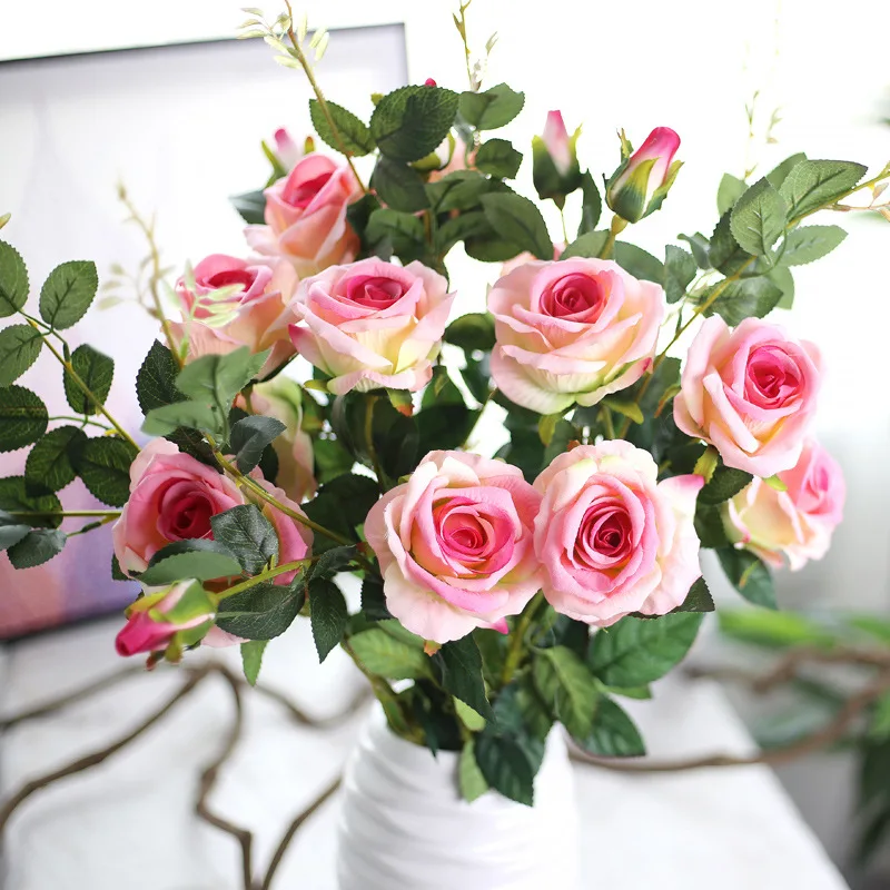 

3 heads silk Rose Flowers Decoration rose Silk Artificial Flowers branches roses for wedding bouquet decoration