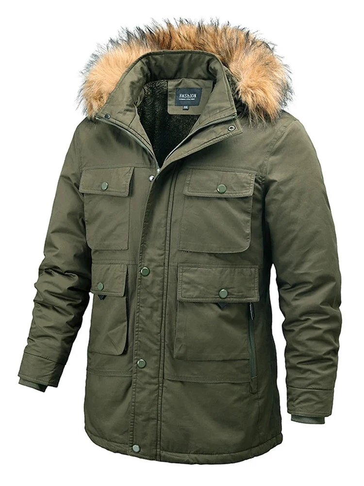 Winter Jacket Men Fur Collar Hooded Coat Thickening Casual Cotton Jackets Plus Velvet Parkas Long Windproof Overcoat Ropa Hombre