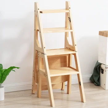 Multifunctional Wooden Stool Ladder Four Step Ladder Quality Step Stool Chair Stable Load-bearing Portable Folding Ladder