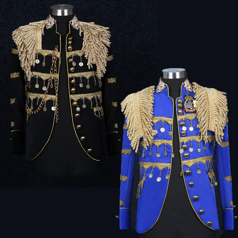 

Мужской Роскошный Блейзер в стиле милитари, винтажный блейзер с подвесками и бахромой, смокинг, нестандартный пиджак, одежда для выступления певицы