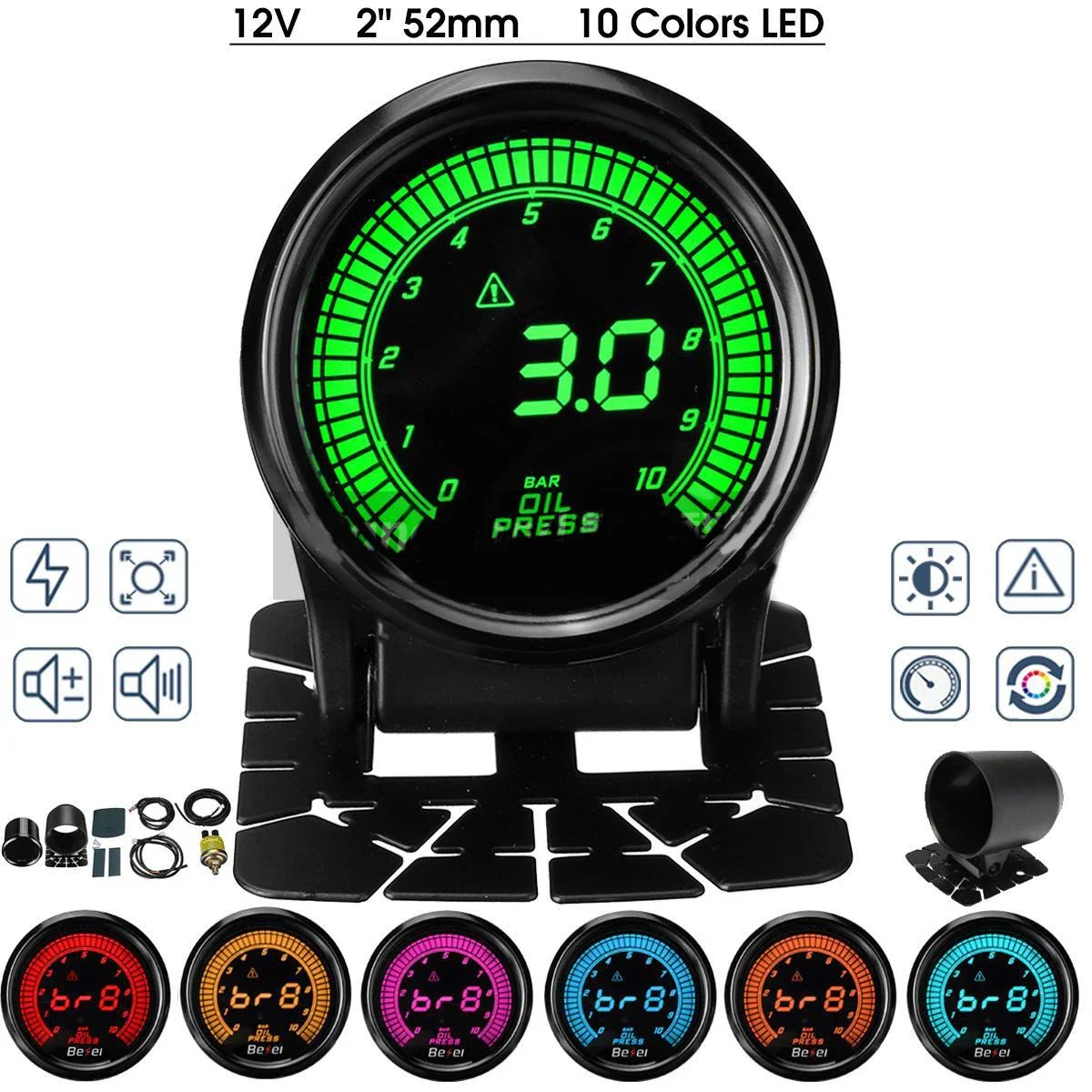 

Тахометр автомобильный, 52 мм, 10 цветов